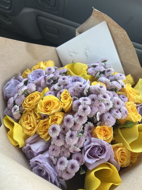 Purple And Yellow Flowers Aesthetic, Purple And Yellow Flower Bouquet, Purple And Gold Bouquet, Purple And Yellow Bouquet, Just Because Flowers, Purple Yellow Flowers, Anniversary Bouquet, Senior Party, Purple Flower Bouquet