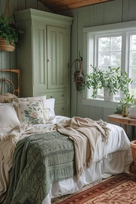 Nicole Gates Green Cottage Bedroom, Bedroom Ideas Sage, Bedroom Ideas Sage Green, Sage Green Farmhouse, Countryside Bedroom, Cottage Bedroom Ideas, Light Green Bedrooms, Green Farmhouse, Green Cottage