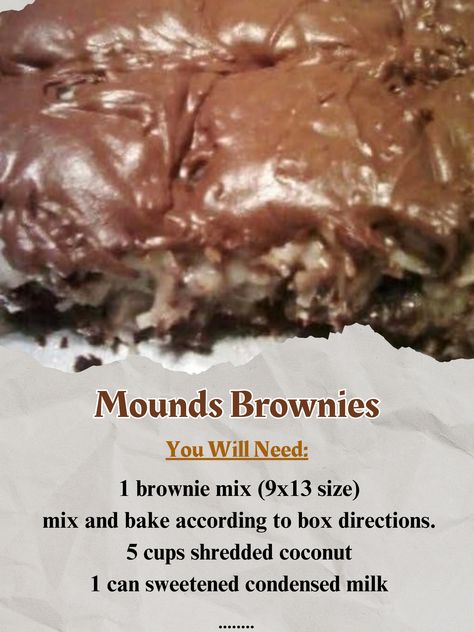 Mounds Candy Bar Brownies Mounds Bar Cake, Mounds Brownies, Candy Bar Brownies, Mounds Cake, Mounds Candy, Cake Mix Brownies, Brownie Desserts Recipes, Creative Dessert Recipes, Frog Eye