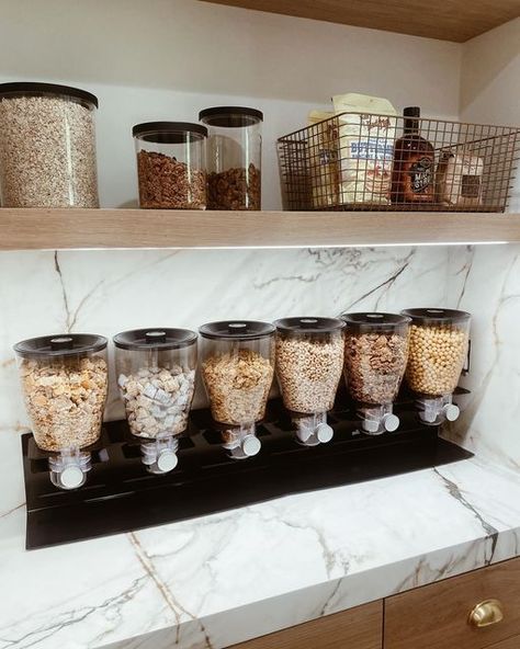 Coastal Organizing Company on Instagram: "These cereal dispensers could not be CUTER if they tried! Easy to use and find on Amazon🥣 What would be the first cereal you put into these bins? . . . . #socalorganizer #californiaorganizer #losangelesorganizer #sandiegoorganizer #organization #pantryorganization #pantryorganisation #pantryorganizing #organizedpantry #pantrygoals #pantrydesign #pantry #pantrymakeover #kitchenorganization #kitchenorganizer #drawerorganization #drawerorganizer #organized Cereal Dispenser In Pantry, Cereal Dispenser Ideas Kitchens, Organizing Company, Barn House Kitchen, Cereal Storage, Pantry Organisation, Cereal Dispenser, Pantry Makeover, Store Hacks