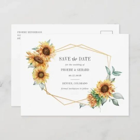 Plan your perfect wedding this season with our bright sunflower theme save the date postcards. Featuring sunflower bloom and gold effect geometric frame, this card can be easily customized Sunflower Invitations, Sunflower Theme, Rustic Save The Dates, Gold Effect, Floral Save The Dates, Geometric Frame, Geometric Wedding, Stationery Templates, Watercolor Wedding Invitations