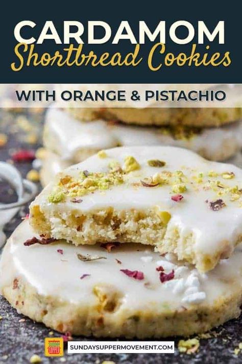 Bring your typical shortbread cookie recipe to a whole new level with a little cardamom spice! Orange Cardamom Cookies are the perfect elegant addition to your holiday cookie platter. With a crumbly shortbread cookie base, easy icing recipe, and chopped pistachios, these cardamom butter cookies are uniquely delicious! #SundaySupper #cardamom #cardamomcookies #cookies #cookierecipe #easyrecipes #baking #desserts #holidayrecipes Cookies Orange, Easy Icing Recipe, Cardamom Recipe, Cardamom Cookies, Easy Icing, Orange Cardamom, Cookie Base, Cookie Platter, Shortbread Cookie Recipe