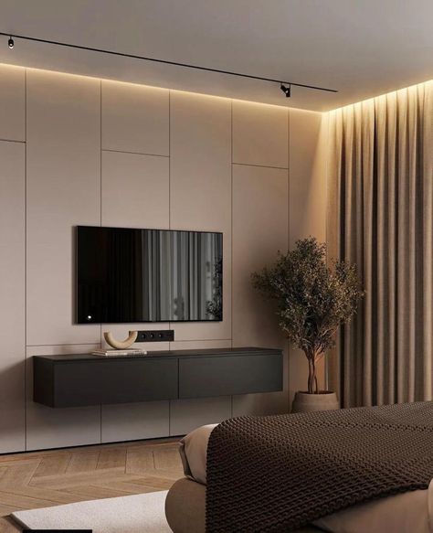 Small Bedroom Tv Wall, Small Bedroom Tv, Tv Cabinate, Small Bedroom Vanity, Simple Tv Unit Design, Floating Sideboard, Bali Bedroom, Makeup Corner, Tv Unit Bedroom