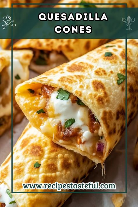 These Quesadilla Cones are a fun twist on traditional quesadillas, featuring crispy tortilla cones filled with savory chicken, peppers, and melted cheese. Perfect for parties or family dinners, they're easy to make and even more enjoyable to eat! Chicken Quesidillas, Tortilla Cones, Cheese Quesadilla Recipe, Chicken Peppers, Cheese Quesadilla, Quesadilla Recipes, Savory Chicken, Quick Weeknight Meals, Oven Cooking