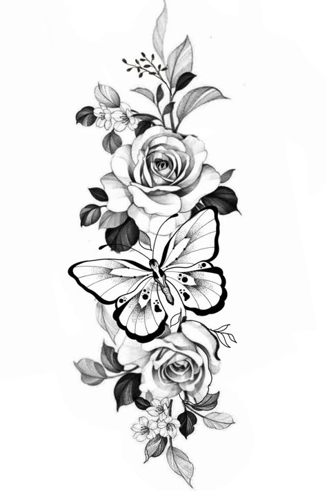 Roses And Butterfly Tattoo, Rose Butterfly Tattoo, Arm Cover Up Tattoos, Rose And Butterfly Tattoo, Butterfly With Flowers Tattoo, Lion Art Tattoo, Cute Owl Tattoo, Floral Back Tattoos, Cute Thigh Tattoos