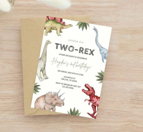 Dinosaur Birthday Invite, Three Rex Birthday, Dinosaur Birthday Party Invitations, Dinosaur Invitations, Cookie Decorating Party, Dinosaur Birthday Invitations, 2nd Birthday Invitations, Dinosaur Birthday Party, Birthday Template