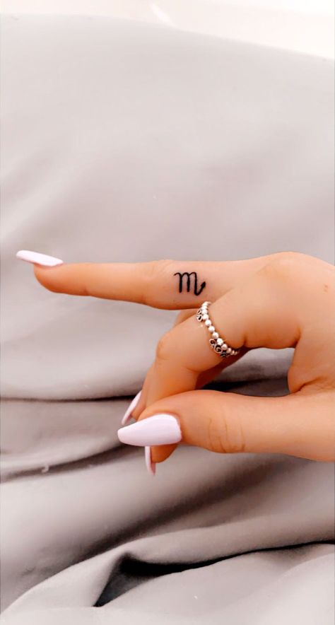 Scorpio Tattoo On Finger, Finger Scorpio Tattoo, Finger Tattoos Scorpio, Zodiac Sign Finger Tattoo, Zodiac Finger Tattoos For Women, Virgo Finger Tattoo, Aries Finger Tattoo, Small Zodiac Sign Tattoos, Zodiac Finger Tattoo