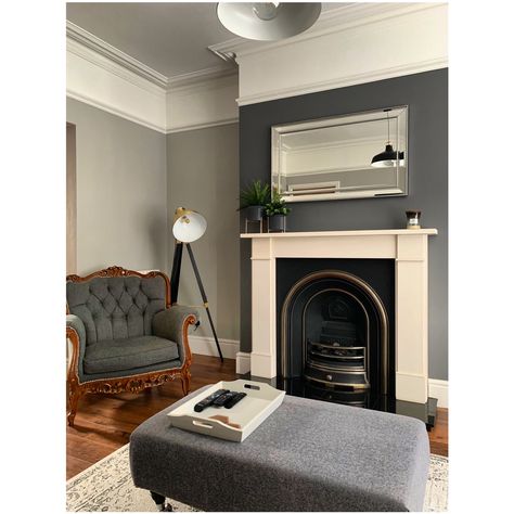 Paint; farrow and ball- pavillion grey         Lamp; groupon deal                                   Chair; free as it was going to the tip, but it cost £300 to reupholster            Plants; primark                                             #houseideas #victorianhouse #interiordesign #livingroom #farrowandball #interior Panelled Lounge, Farrow And Ball Lamp Room Grey, Lamp Room Grey, Narrow Living, Light Gray Couch, Interior Paint Ideas, Front Room Ideas, Lamp Room, Grey Couch Living Room