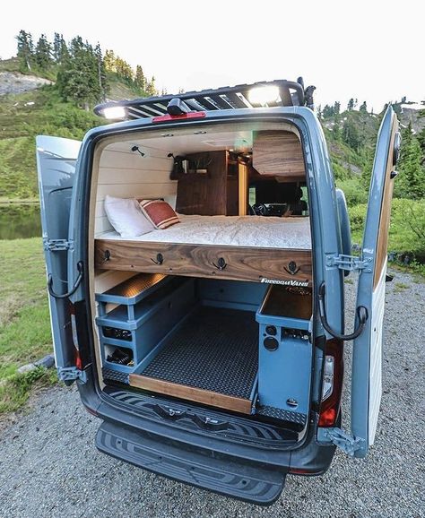 Campervan Build, Van Layout, Van Travel, Van Bed, Walnut Butcher Block, Van Storage, Sprinter Van Conversion, Kombi Home, Van Conversion Interior