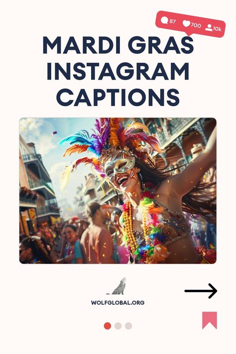 An exuberant person in a colorful Mardi Gras costume celebrates on a crowded street.
A checklist of Mardi Gras themed statements with emojis, a button saying "Get 100+ more," and a website link.
A woman with a laptop surrounded by social media engagement symbols and promotional text. Mardi Gras Instagram, Let The Good Times Roll, Life Of The Party, Good Times Roll, All That Glitters, Instagram Captions, Mardi Gras, Good Times, The Good