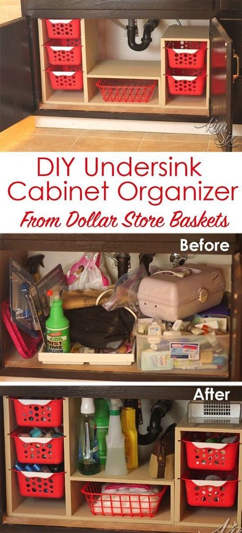 From a single sheet of plywood  and some dollar store bins she built this fabulous organizer. What a great way to use all that awkward space under the sink!   Undersink Cabinet Organizer with Pull Out Baskets.   via http://TheKimSixFix.com Dollar Store Bins, Diy Organizer, Mop Holder, Kitchen Organizers, Kabinet Dapur, Cabinet Organizer, Cabinets Organization, Trendy Kitchen, Cabinet Organization