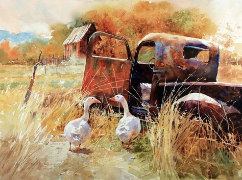 C.Purcell Old Truck, Painting Competition, Truck Art, Mini Canvas Art, Old Trucks, Car Art, Art Watercolor, Watercolor Landscape, Old Cars