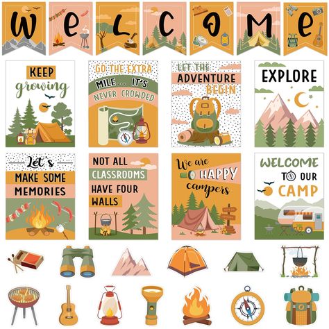 PRICES MAY VARY. Camp Themed Design: the welcome classroom bulletin board decor is designed with a camping theme and pairs with telescope, tent, compass element patterns and inspiring words; The camping inspirational bulletin board will leave a deep impression on people Package Including: you will receive 7 pieces of welcome signs, 13 pieces of camping cutouts, 8 pieces of camp theme inspirational posters, which can meet your needs for classroom or home decorations Quality Material: outer campin Camp Theme Classroom Door, Wildlife Classroom Theme, Motivational Bulletin Boards, Inspirational Bulletin Boards, Welcome Bulletin Boards, Elementary Classroom Themes, Camping Theme Classroom, Future School, Class Theme