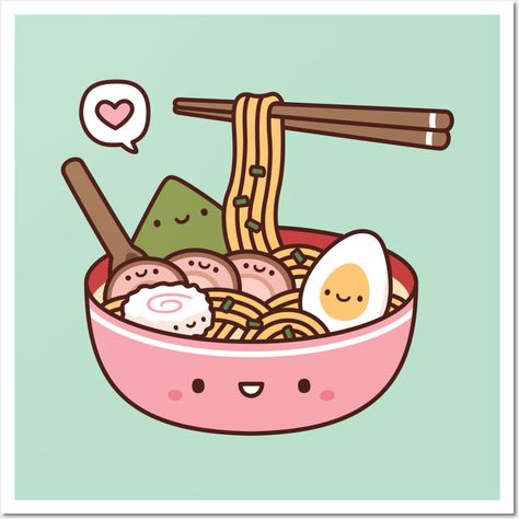 A cute bowl of Japanese ramen noodles with toppings with kawaii expressions such as nori seaweed, egg, fish cake and sliced pork. For Japanese and ramen lovers! -- Choose from our vast selection of art prints and posters to match with your desired size to make the perfect print or poster. Pick your favorite: Movies, TV Shows, Art, and so much more! Available in mini, small, medium, large, and extra-large depending on the design. For men, women, and children. Perfect for decoration. Cute Japanese Drawings, Ramen Art, Ramen Drawing, Ramen Illustration, Ramen Icon, Bowl Of Ramen, Cute Wall Art, Ramen Aesthetics, Cute Ramen Drawing