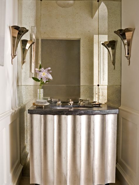 A modern Deco-themed powder room. Transitional Powder Room, Traditional Powder Room, Wall Architecture, Floating Shelves Bedroom, Wall Colours, Floating Shelves Living Room, White Floating Shelves, Floating Shelves Bathroom, Rustic Wall Mirrors