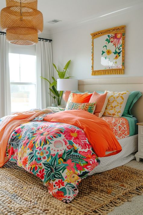 Explore refreshing summer bedroom decor ideas to create a cozy and stylish retreat in your home. Transform your space with light and airy colors, breezy fabrics, and playful accents inspired by the season. From cute summer bedroom ideas to serene coastal vibes, find inspiration for your perfect summer sanctuary. Embrace the essence of summer with simple touches that evoke a relaxing and rejuvenating atmosphere. Orange Green And White Bedroom, Bright Boho Bedroom Ideas, Girly Apartment Ideas, Neon Bedroom, Summer Bedroom, Bedroom Refresh, Room Inspiration Bedroom, Beautiful Bedrooms, Home Decor Bedroom