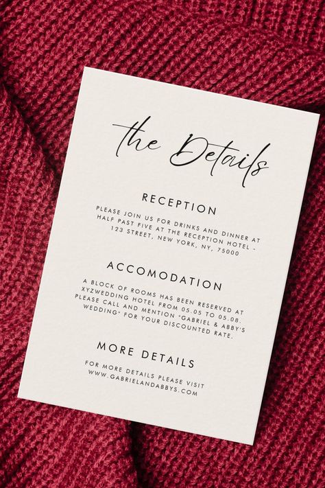 Ivory Modern Script Minimalist Wedding Details Enclosure Card Hotel Reception, Wedding Enclosure Cards, Enclosure Cards, Minimalist Wedding, Wedding Details