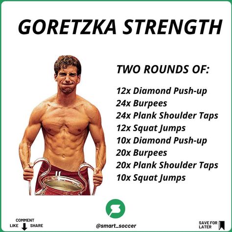 SMART • SOCCER ™ on Instagram: “GORETZKA STRENGTH 🦁 #MONDAYWORKOUT ⠀⠀⠀⠀⠀⠀⠀⠀ 💯 Hi fam! This is a great workout you can use to end a gym session or a football training. As…” Footballers Gym Workout, Plank Shoulder Taps, Monday Workout, Core Exercises, Jump Squats, Football Training, A Gym, Strength Workout, A Football