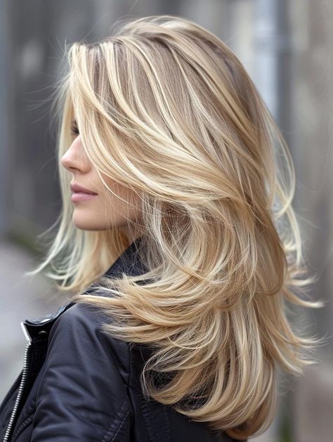 Stylish Medium Ladder Hairstyles - Refresh Your Look Blond Layers Medium, Layered Blonde Hair Medium, Long Blonde Layered Hair, Long Layered Blonde Hair, Layers In Hair, 2024 Bangs, Mid Length Blonde Hair, Long Wavy Haircuts, Blonde Layered Hair