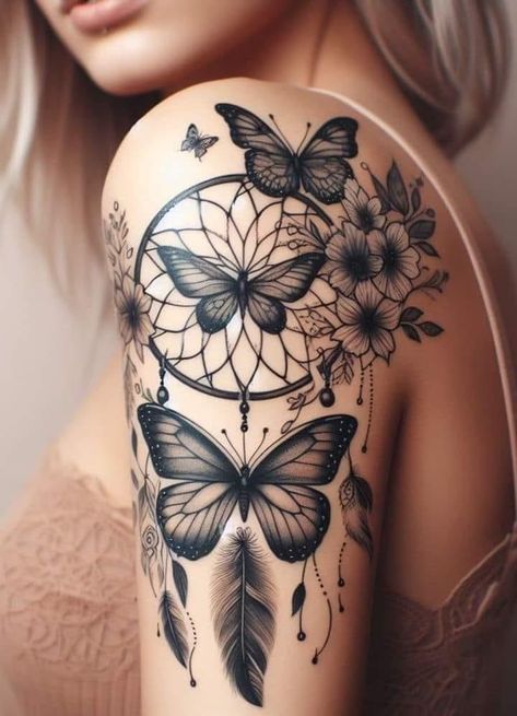 Orchid And Butterfly Tattoo Design, Dream Catcher Butterfly Tattoo, Dream Catcher Tattoo Design For Women, Dream Catcher Tattoo On Thigh, Shoulder Butterfly Tattoo, Dream Catcher Tattoos, Cute Thigh Tattoos, Unique Butterfly Tattoos, Dream Catcher Tattoo Design