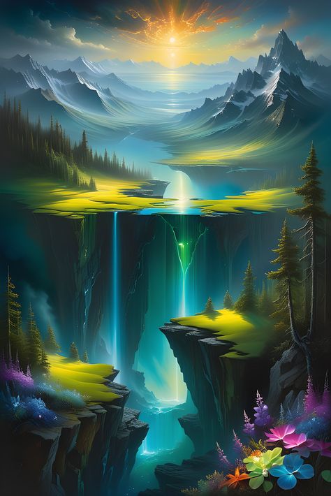 Aerial perspective oil painting captures a fantastical landscape. Ai genereted  by DasAbra Aerial Perspective, Fantasy Architecture, Fantasy Landscape, Acrylic Painting, Oil Painting, Architecture, Art