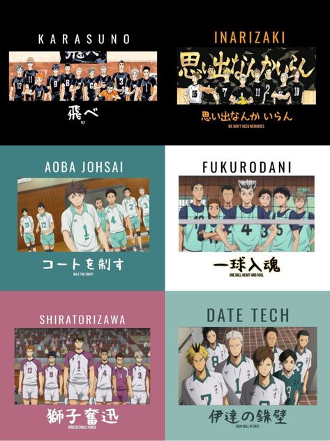 haikyuu teams Haikyu Characters Names, Haikyuu Teams Logo, Haikyuu Teams Names, Haikyuu Names, Haikyuu All Teams, Haikyuu All Characters, Haikyuu Characters Names, Haikyuu Karasuno Team, Shiratorizawa Team