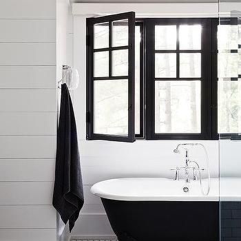 Black Framed Windows, Black Clawfoot Tub, Internal Window, Black Window Trims, Bathroom Feature Wall, Framed Windows, Window Paint, Black Window Frames, Black And White Bathroom