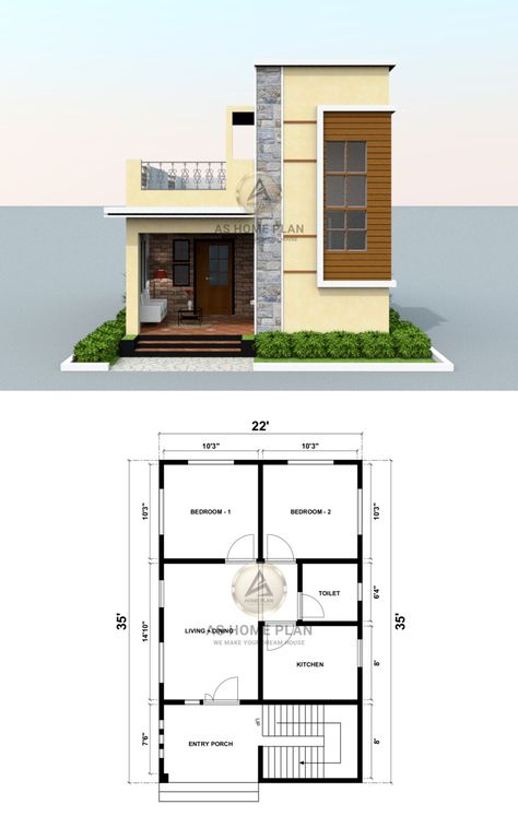 3d house front elevation design with 2d plan layout 22×35 House Plan, 22×40 House Plan, 20×35 House Plan, House Design With Floor Plan, Banglow Design, Budget House Design, 3 Bedroom Home Floor Plans, 2 Bedroom House Design, 20x30 House Plans