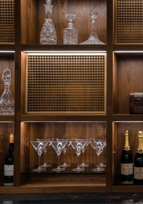 American-Express-Bar-Shelves Centurion Lounge, Concealed Lighting, American Express Centurion, Features Aesthetic, Wine Vault, Chicken Kitchen, Bar Shelves, Joinery Details, Wine Cellar Design