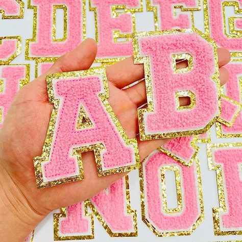 Letter Patches Varsity Chenille Iron on Letters Patchs for Clothing English Letter A-Z with Gold Glitters Border, 26pcs Pink Large Iron On Patches, Jean Diy, Rhinestone Alphabet, Iron On Letter Patches, Letter Patches, Embroidered Letters, Iron On Letters, Varsity Letter, Pink Letter