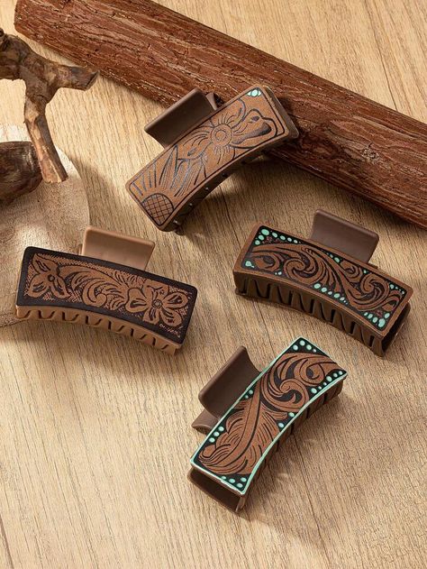 1 Pc PU Leather Western Native Print Hair Claw , Hair Clip Accessories Gift Holiday Present For Girlfriend Mother Boho | SHEIN USA