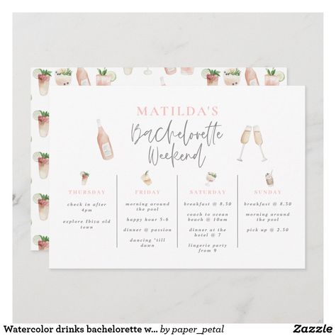 Watercolor Drinks, Birthday Weekend Itinerary, Elegant Birthday Invitations, Wedding Weekend Itinerary, Itinerary Invitation, Bachelorette Weekend Itinerary, Bachelorette Weekend Invitations, Bachelorette Vacation, Hen Weekend