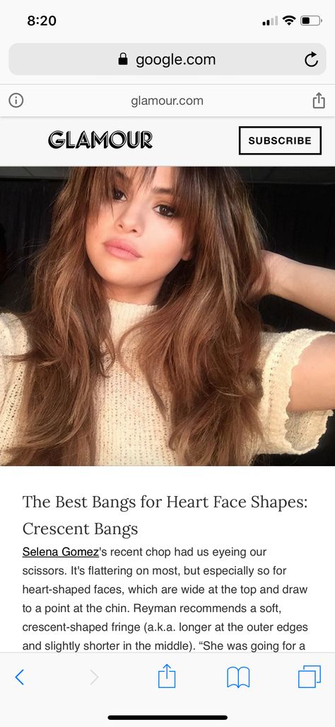 Crescent Bangs, Bangs For Heart Shaped Face, Heart Shaped Face, Heart Face Shape, Hair Inspo Color, Selena Gomez, Face Shapes, Hair Inspo, Brown Hair