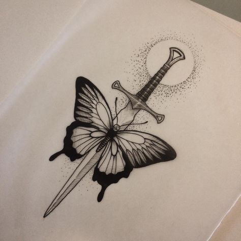 Butterfly And Swords Tattoo, Butterfly And Dagger Tattoo, Butterfly With Knife Tattoo, Dagger Butterfly Tattoo, Butterfly Dagger Tattoo, Tato Henna, Dope Tattoos For Women, Stylist Tattoos, Dainty Tattoos