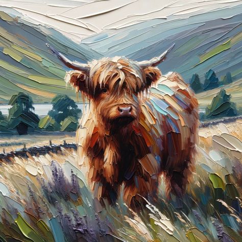 Paint Highland Cow, Paintings With Depth, Scottish Highlands Color Palette, Hyland Cow Painting, Painted Highland Cow, Scottish Highlands Painting, How To Paint A Highland Cow, Highland Cow Painting Easy, Animal Paintings Easy