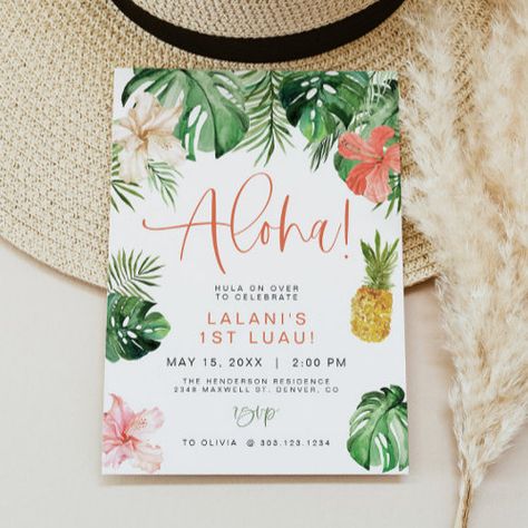 $3.08 | LALANI Tropical Pink Hibiscus Luau 1st Birthday #first luau, luau invitation, luau birthday, pink hibiscus, hibiscus invitation, tropical birthday, aloha birthday, aloha invitation, hula birthday invitation, beach birthday Hawaii Birthday Party, Tropical Pool Party, Luau Party Invitations, Luau Birthday Invitations, Luau Invitations, Tropical Birthday Party, Luau Birthday Party, Hawaiian Birthday, Tropical Birthday