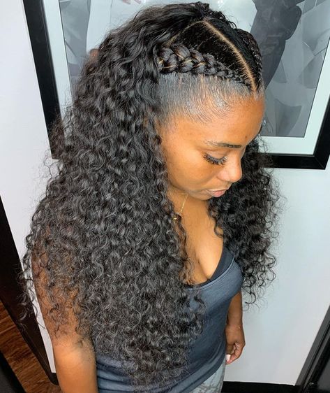 Long Sew In with Braids French Braid With Weave, 2 Cornrow Braids, Curly Sew In Weave, Jerry Curl Hair, Curly Hair Sew In, Curly Sew In, Half Cornrows, Cornrow Braids, Sew In Hairstyles