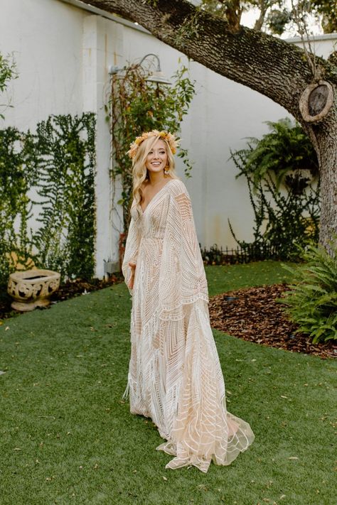 Marigold and rust absolutely pop against this '70s wedding dress! Structured ceremony backdrop and all the retro vibes you need now! Boho Hippy Wedding Dress, Hippie Bride Dress, Boho Bell Sleeve Wedding Dress, Boho 70s Wedding Dress, Wedding Dresses Plus Size Boho, Hippie Boho Wedding Dress, Boho Wedding Dress With Sleeves Bohemian, Hippie Wedding Dress Vintage, 70’s Wedding Dress