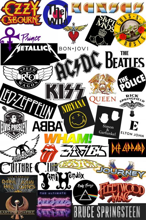 Good quality 60s-80s rock artists poster Rock Logo, 80s Rock Bands, Rock Band Logos, Band Stickers, Logo Poster, 80s Rock, Rock Artists, 80s Bands, Band Stuff