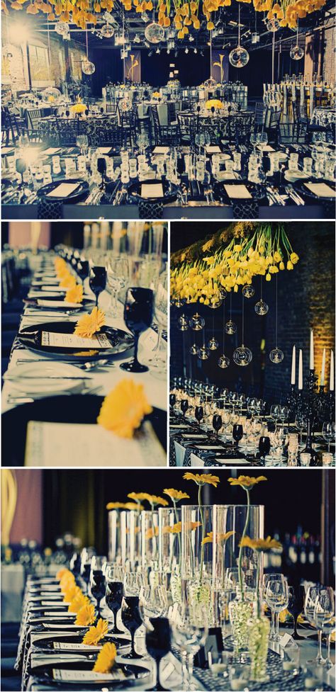 black and yellow Batman Wedding, Magnolia Wedding, Sitting In A Tree, Theme Color, Hanging Flowers, Yellow Wedding, Event Inspiration, Black And Yellow, Event Catering