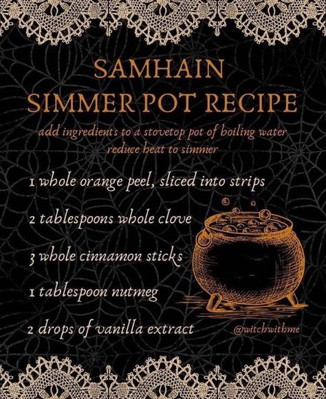 Samhain Oil Recipe, Simmer Pot How To, Simmer Pot Recipes For Sickness, Simmer Pot Samhain, Witches Simmer Pot Recipes, New Year Simmer Pot Spell, Mabon Simmer Pots, Witchy Simmer Pots, Kitchen Witch Simmer Pot