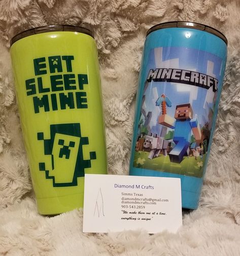 Minecraft Tumbler cups Minecraft Tumbler Ideas, Minecraft Tumbler, Kids Tumblers, Cup Inspiration, Minecraft Party Decorations, Yeti Cup Designs, Texas Crafts, Tumbler Christmas, Epoxy Tumblers