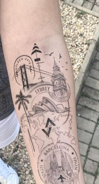 Traveler Tattoos, Small Travel Tattoos, Watercolor Bike, World Travel Tattoos, Travel Tattoo Ideas, World Map Tattoos, Moon Globe, Globe Tattoos, Adventure Tattoo