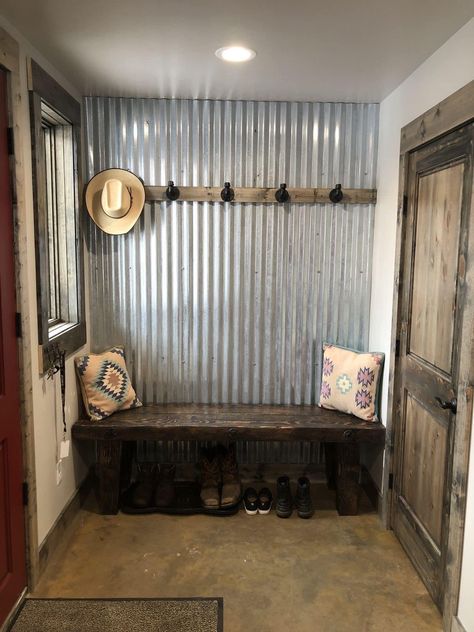 Galvanized Tin Walls Mudroom, Galvanized Metal Half Wall, Corrugated Metal Wall Laundry Room, Metal Shower Walls Corrugated Tin, Corigated Metal Walls Rustic, Tin And Wood Walls, Corigated Metal, Galvanized Tin Walls, Barn Tin Wall