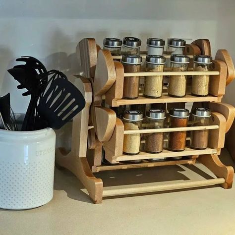 This small kitchen has a rotating spice rack that’s perfect for limited countertop or cabinet spaces. Image credit: INSTAGRAM @LANGOS_CNC_WOODCRAFT Spice Rack Storage Ideas, Rack Storage Ideas, Spice Rack Ideas, Ideas For Small Kitchens, Spice Rack Storage, Rotating Spice Rack, Small Kitchens, Compact Kitchen, Rack Storage