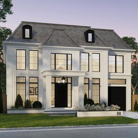 French Transitional Home Exterior, Large Black Windows, Transitional House Exterior, French Transitional Home, Transitional Home Exterior, Chateau House Plans, Transitional Home Design, White Mansion, Toronto Architecture