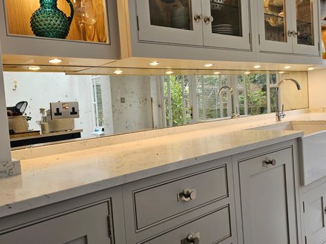 A recent kitchen installation with a Heavy Vintage finish - which we think looks great, especially with the down lights which help bounce the light around the kitchen. If you are nervous about taking exact measurements for your mirror glass installation we offer a Measure & Install service, more details are on our website. Link in bio. #rougholdglass #antiquemirrorglass #interiorsofinstagram #mirror #mirrorinstallation #kitcheninspiration #design #kitchendesign #luxuryinteriordesign Antique Mirror Splashback Kitchen, Antique Mirror Backsplash Kitchen, Mirrored Backsplash Kitchen, Mirrored Kitchen Backsplash, Mirror Splashback Kitchen, Mirror Backsplash Kitchen, Antique Mirror Backsplash, Antique Mirror Splashback, Kitchen Mirrors