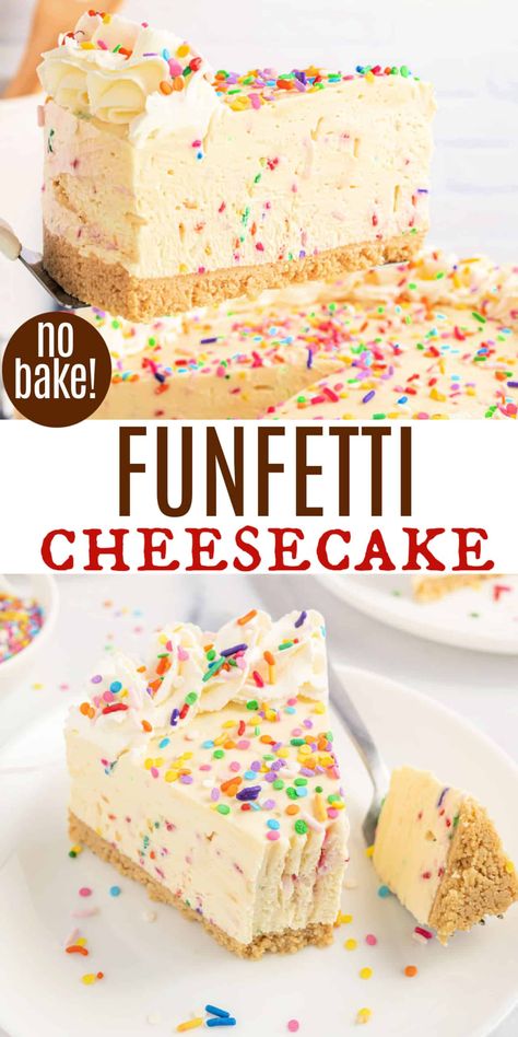 Funfetti No Bake Cheesecake with a golden Oreo crust and luscious, creamy, colorful funfetti filling makes for a magical dessert perfect for any celebration! Funfetti Filling, Golden Oreo Crust, Birthday Cake Cheesecake, No Bake Cheesecake Recipe, Funfetti Cheesecake, Birthday Cheesecake, Favorite Holiday Desserts, Yummy Cheesecake, Golden Oreo