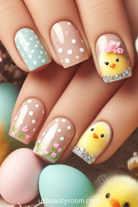 21 Adorable Easter Nail Designs for Spring 2024 Short Nails Easter Colors, Chicken Nails, Easter Nails Easy, Pastel Nail Art, Simple Spring Nails, Adorable Bunnies, Easter Nail, Easter Nail Designs, Easter Nail Art