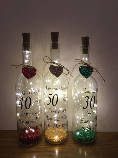 Diy Projects With Wine Bottles, Wine Bottles With Lights, Wine Bottle Project, Liquor Bottle Crafts, Wine Bottle Design, Light Up Bottles, 50 Years Anniversary, Bottle Craft, Bottle Decor